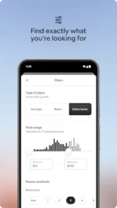 Airbnb search screen showing filters for property type, price range, and bedrooms.