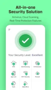 Comodo Mobile Security dashboard showing VPN, app lock, and Wi-Fi security features.