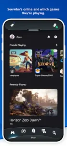 PlayStation App screen showing friends online status and recently played games.
