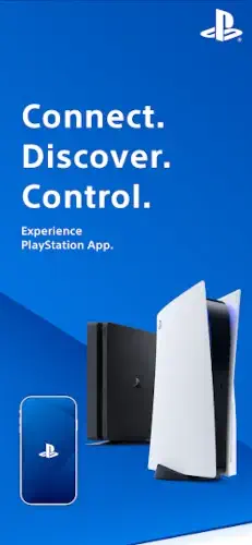 PlayStation App promotional splash screen with Connect. Discover. Control.