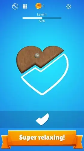 Wood Shapes Level 1 gameplay showing wooden puzzle pieces at 50% completion with 'Super relaxing!' text overlay.