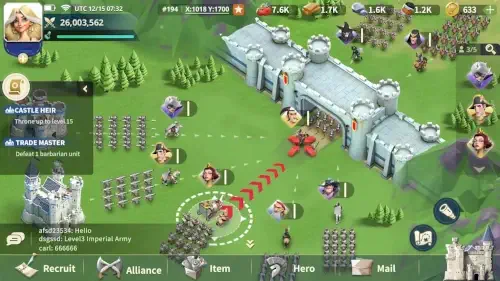 Castle Empire in-game alliance chat showing player coordination and resource trades.