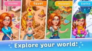 Travel Merge Family's world map showing Egypt, Hawaii, and Switzerland as explorable destinations.