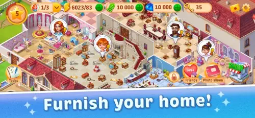Task completion and room renovation progress screen in Travel Merge Family.