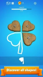 Wood Shapes Level 6 progress screen displaying 75% completion and Discover all shapes!.