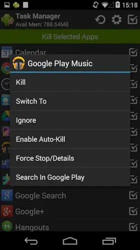 android task manager memory usage interface