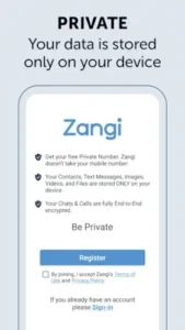 zangi messenger private registration screen