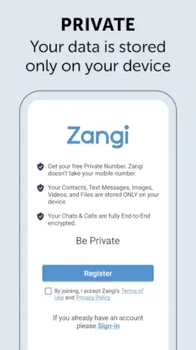 zangi messenger private registration screen