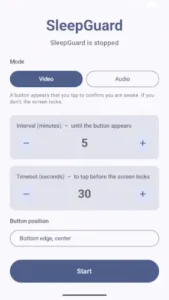 sleepguard main settings video audio mode